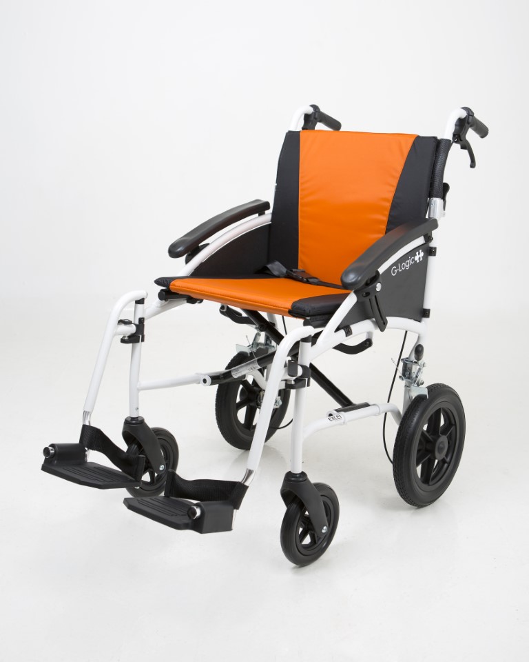Excel G-Logic Lightweight Transit Wheelchair With Silver Frame and Orange Upholstery 20'' Seat